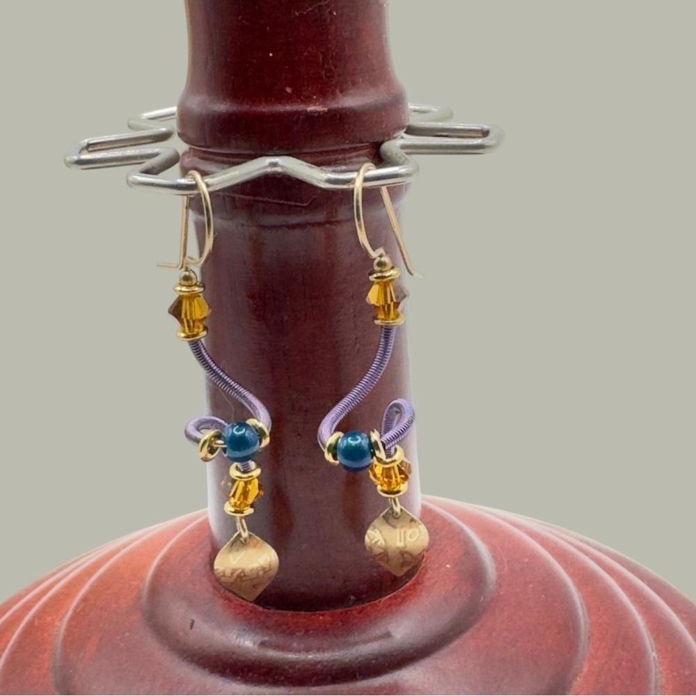 Vintage Holly Yashi Purple Blue Gold Wire Wrap Niobium Leaf Drop Earrings - Picture 3 of 8
